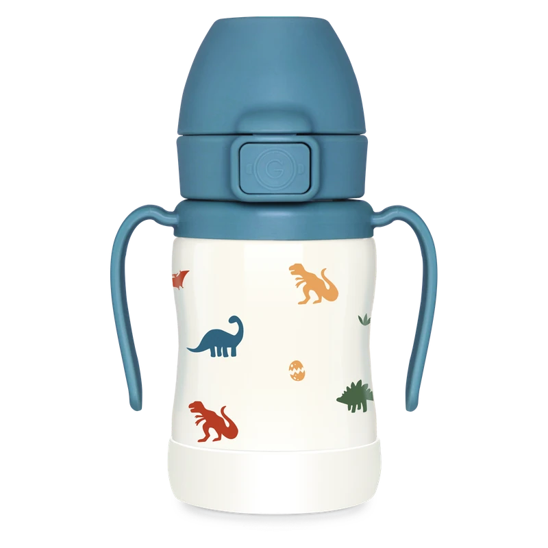 GROSMIMI nerezový termo tréningový pohárik so slamkou Dino Midnight Blue 200 ml