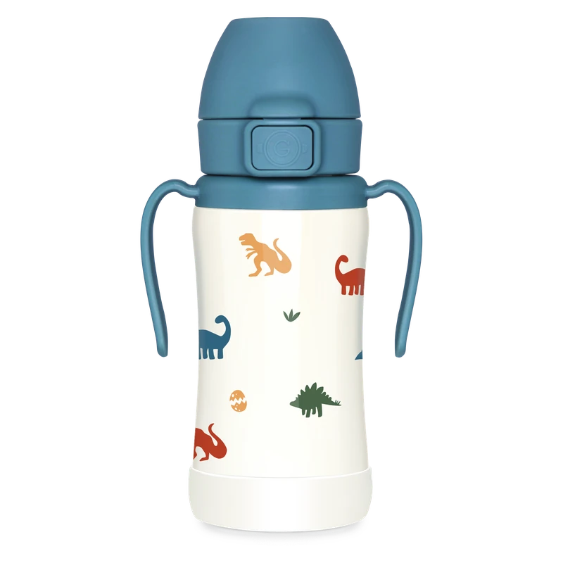 GROSMIMI nerezový termo tréningový pohárik so slamkou Dino Midnight Blue 300 ml