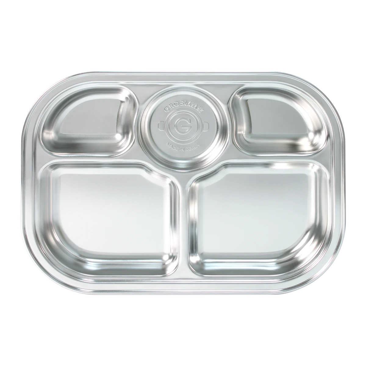 GROSMIMI stainless food tray with 5 compartments, a silicone suction base and a PP lid