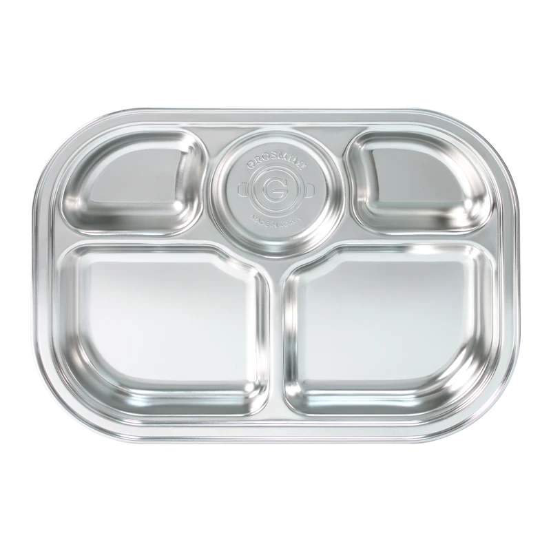 GROSMIMI stainless food tray with 5 compartments, a silicone suction base and a PP lid