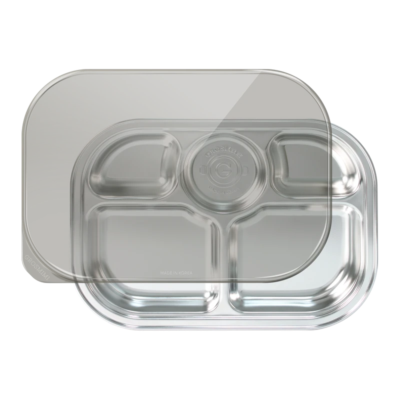 GROSMIMI stainless food tray with 5 compartments and a PP lid